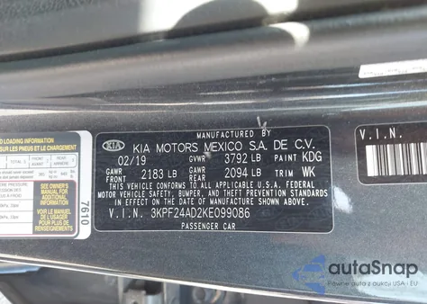 2019 Kia Forte Lxs from USA, damaged, VIN 3KPF24AD2KE099086